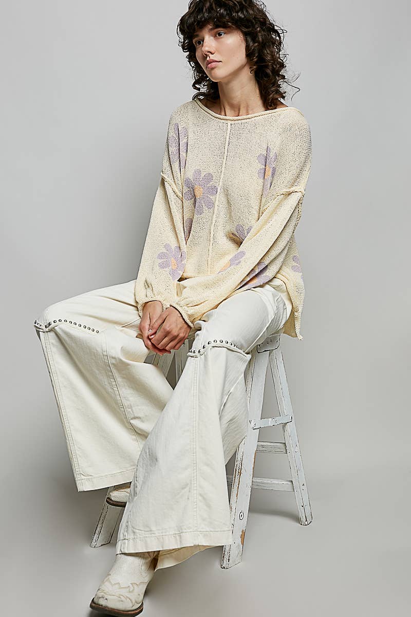 Pol Clothing - Round Neck Balloon Sleeve Floral Print Thin Sweater