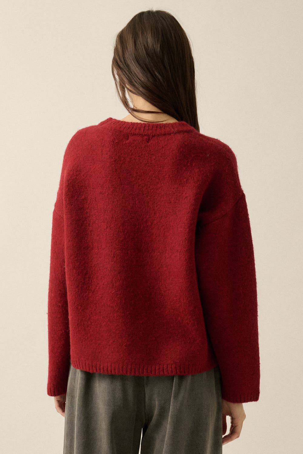 Pug Dog Solid Knit Relaxed-Fit Drop-Shoulder Sweater