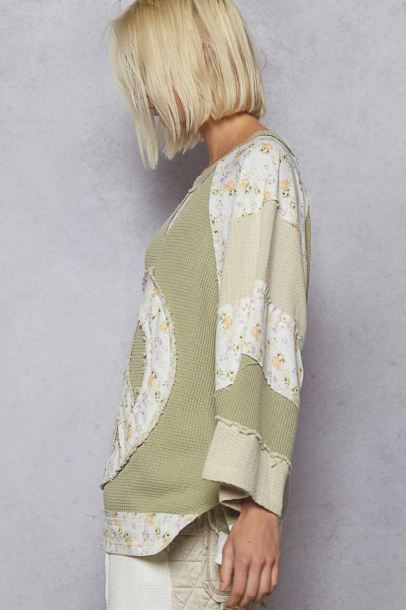 Pol Clothing - Round neck printed peace patch overlock stitch knit top