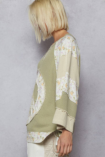 Pol Clothing - Round neck printed peace patch overlock stitch knit top