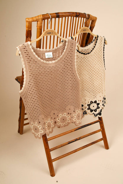 VERY J - NT12140-Floral Trim Detail Crochet Top