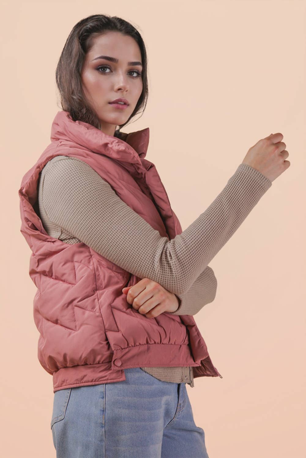 Bermie Mock Neck Casual Zigzag Quilted Puffer Vest