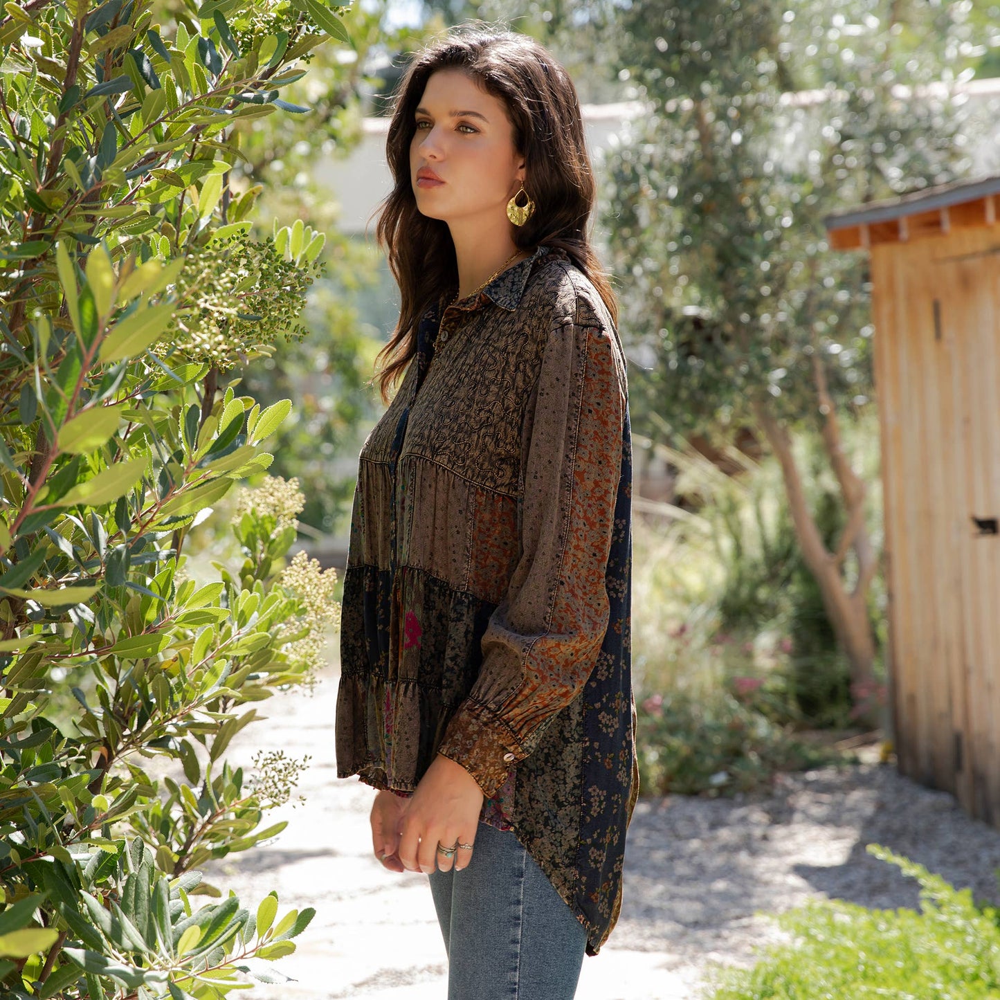 Young Threads - Front-Open Boho Shirt with Quilted Emb & Rayon Tiers