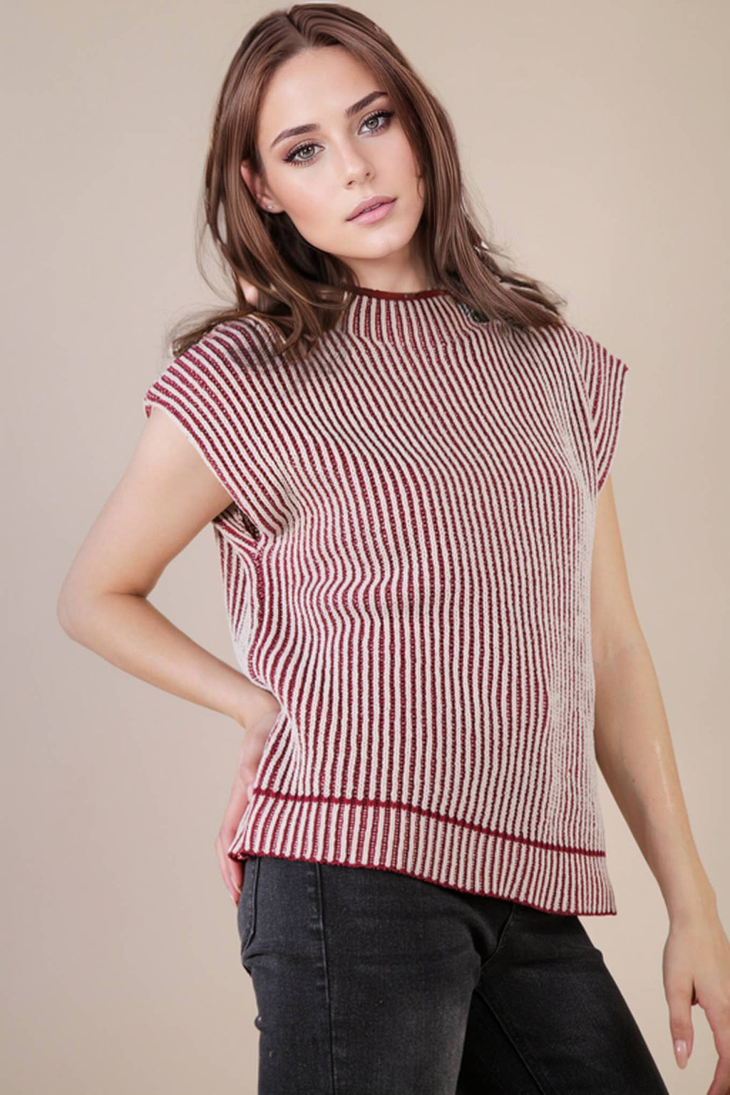 Two Tone Ribbed Knit Sweater Vest