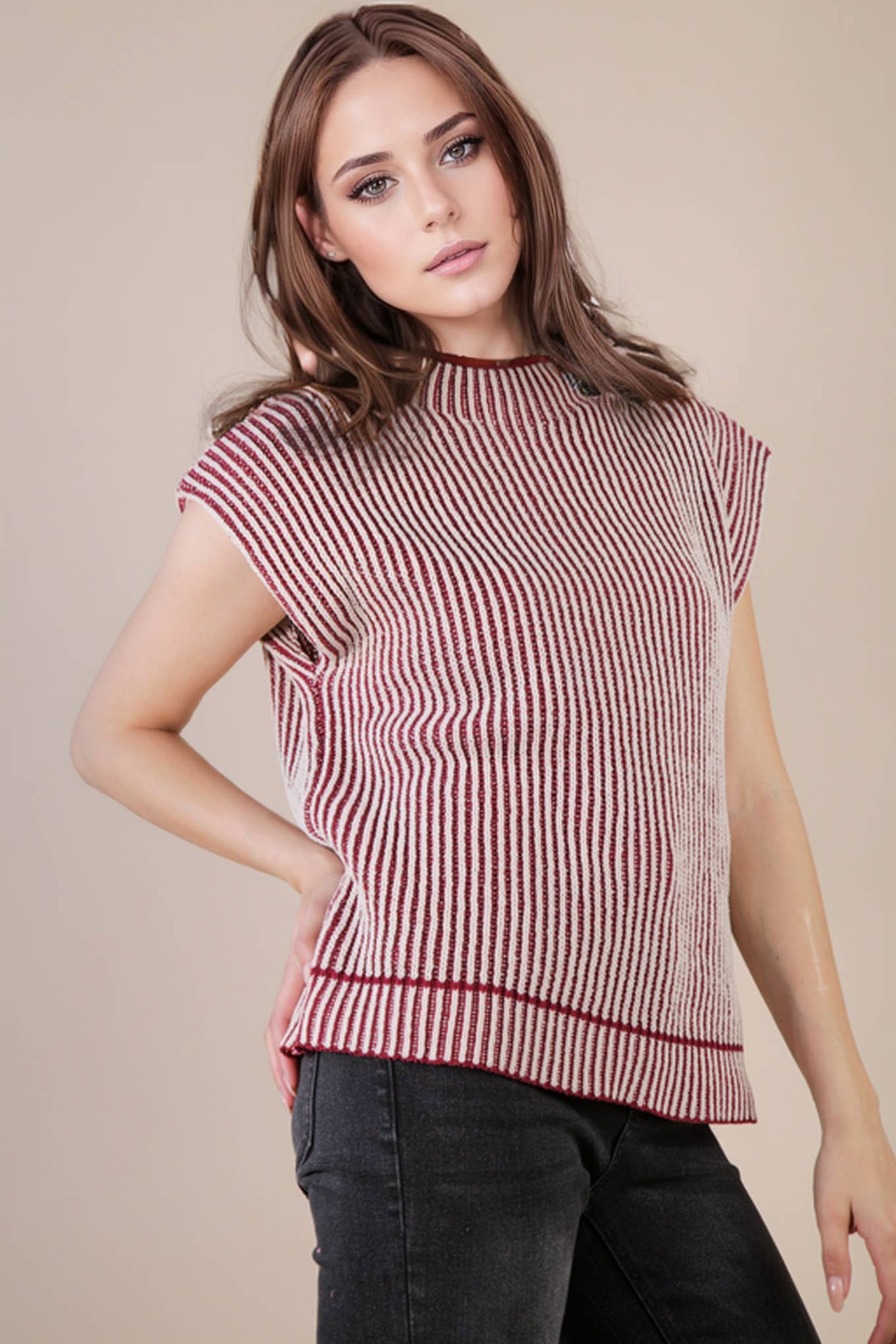 Two Tone Ribbed Knit Sweater Vest