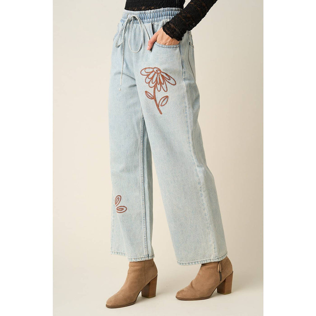 DAISY EMBROIDERY ELASTIC WAIST DENIM JEANS