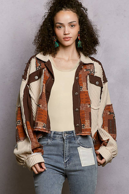 Pol Clothing - Balloon Sleeve Contrast Paisley Pattern Cropped Knit Jacket