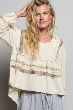 Pol Clothing - Embroidery Lace Contrast Square Neck Long Sleeve top