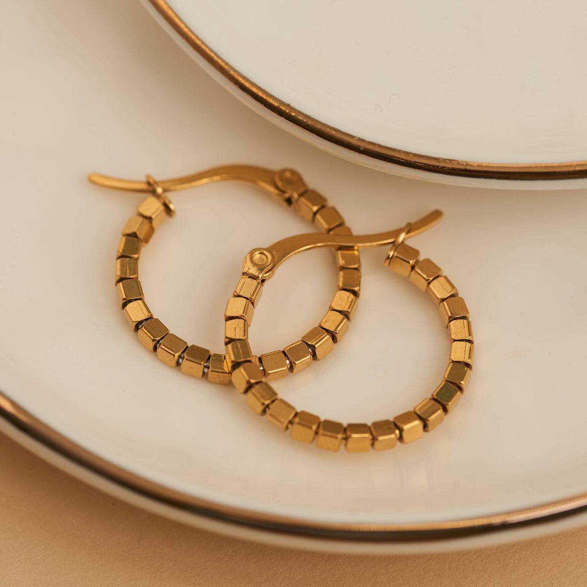 Howard's - Waterproof Earrings Square Beaded Hoop in Gold & Steel