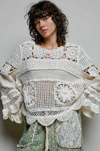 Pol Clothing - Textured Stitch Scalloped Trim Crochet Knit Sweater Top