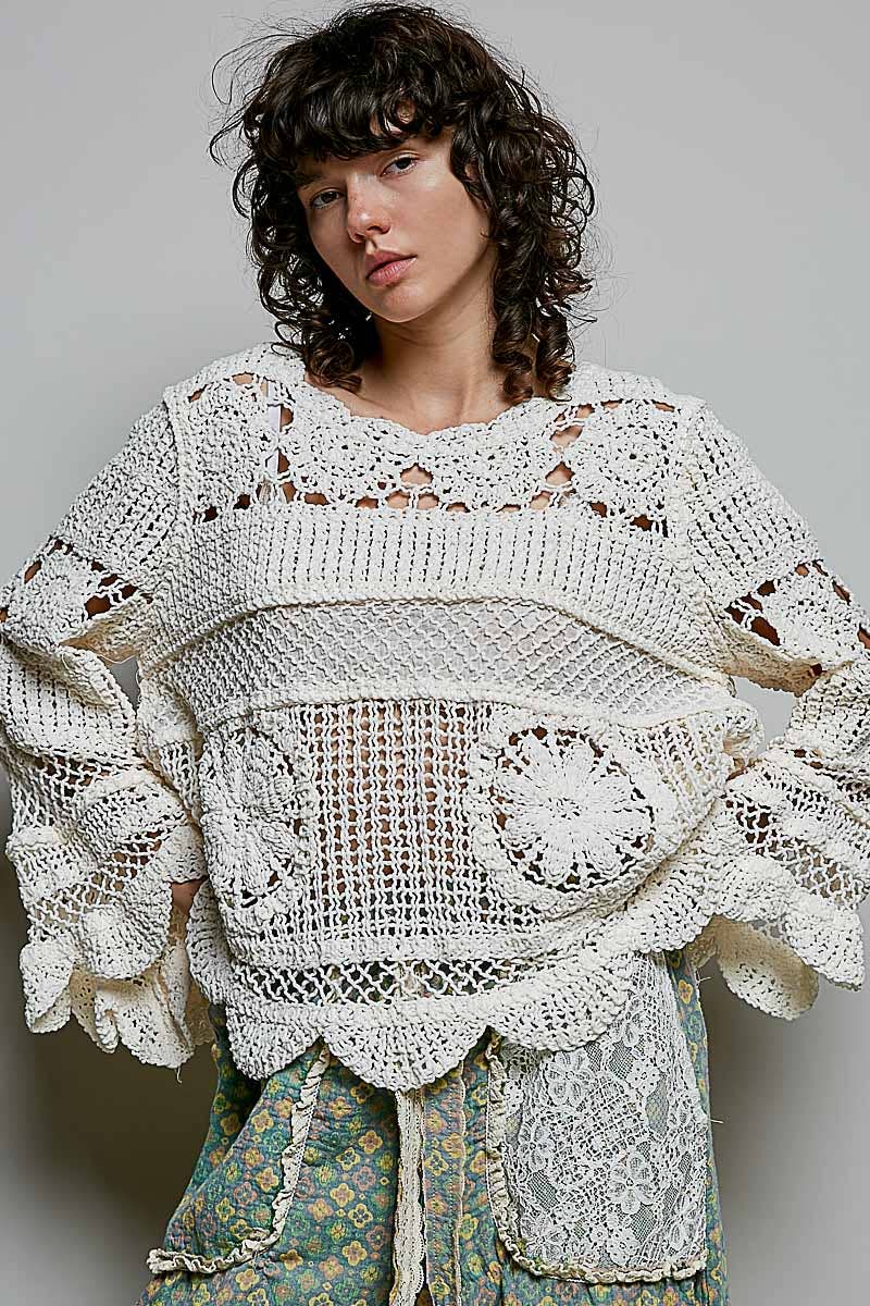 Pol Clothing - Textured Stitch Scalloped Trim Crochet Knit Sweater Top