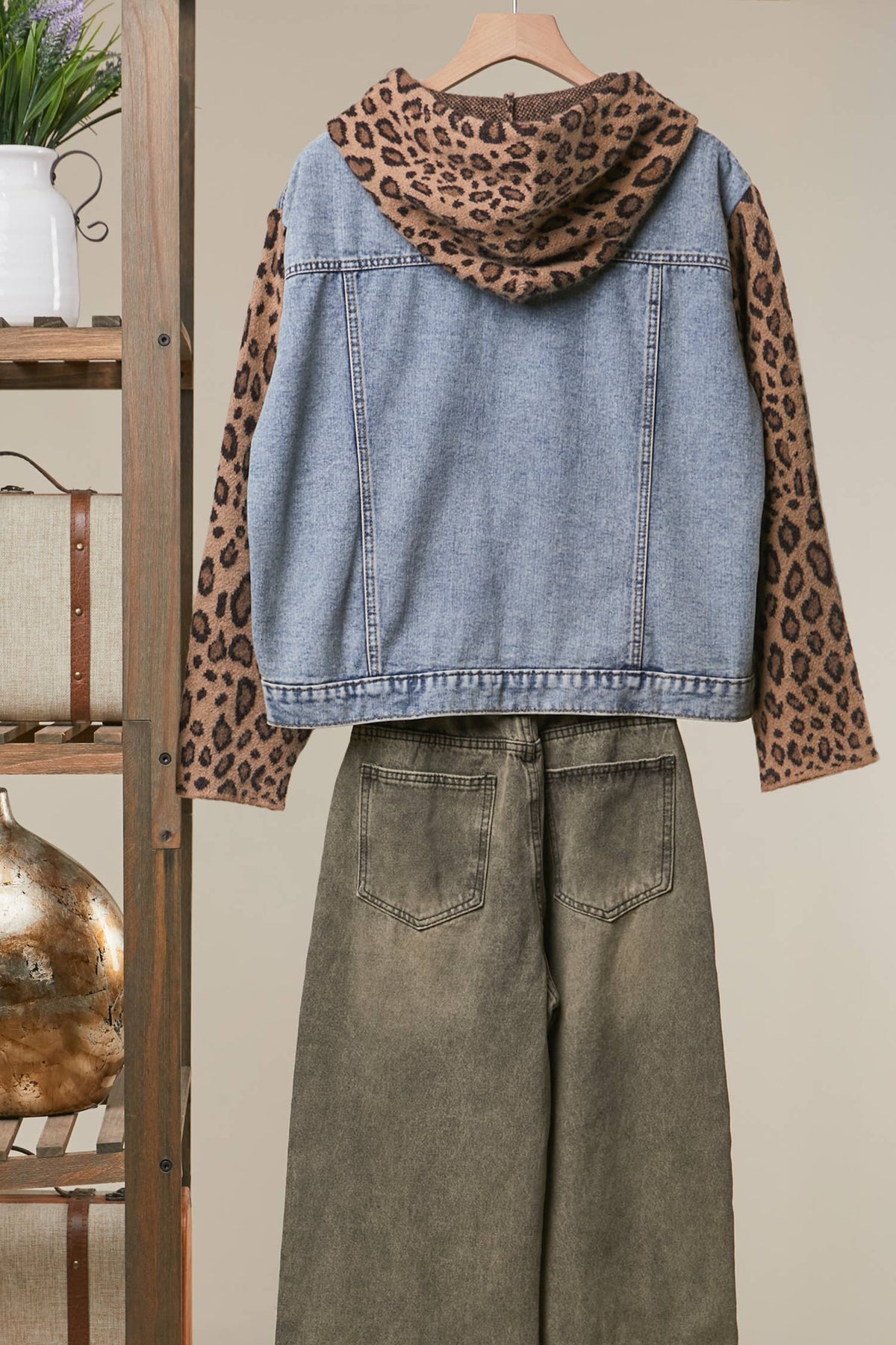 Denim Vest with Animal Print Sleeves and Hoodie -Mello