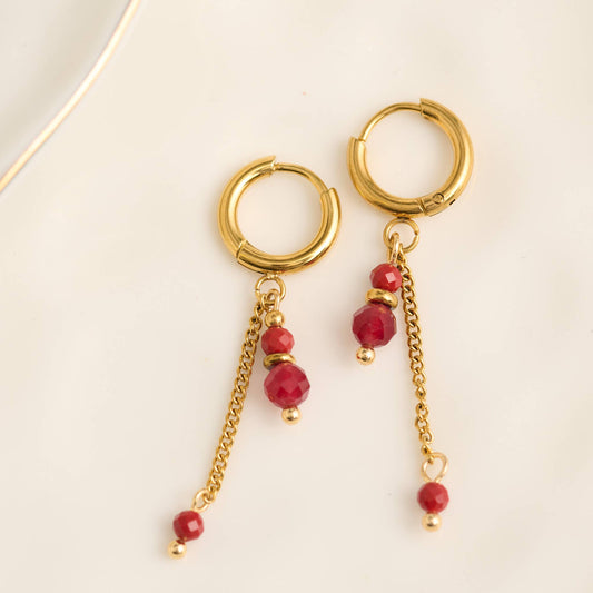Howard's - Waterproof Earrings Hoop Red Agate Narelle Gold Faceted Bead