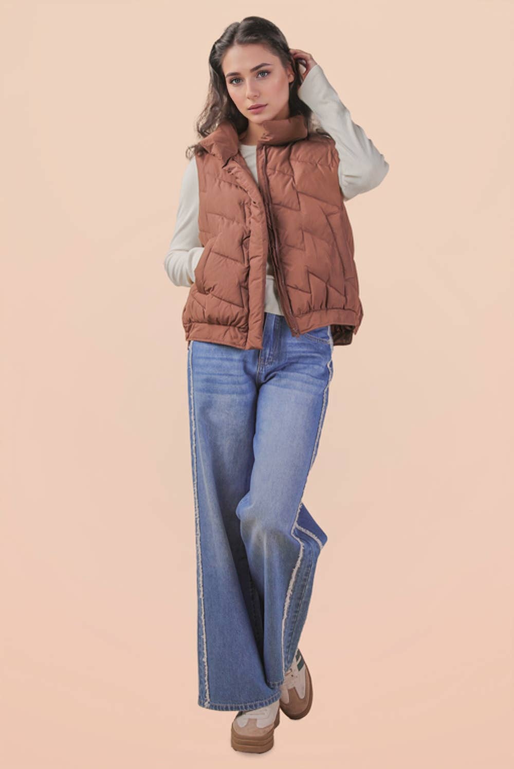 Bermie Mock Neck Casual Zigzag Quilted Puffer Vest