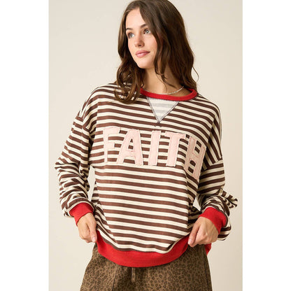 FAITH PATCHWORK STRIPED LONG SLEEVE SWEATSHIRT
