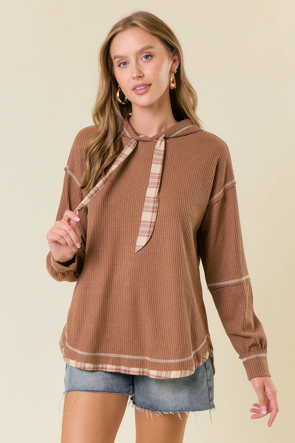 Soft WAFFLE KNIT PLAID STRAP HOODED SWEATSHIRT