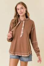 Soft WAFFLE KNIT PLAID STRAP HOODED SWEATSHIRT