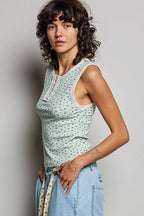 Pol Clothing - Round Neck Sleeveless Ribbed Floral Printed Knit Top