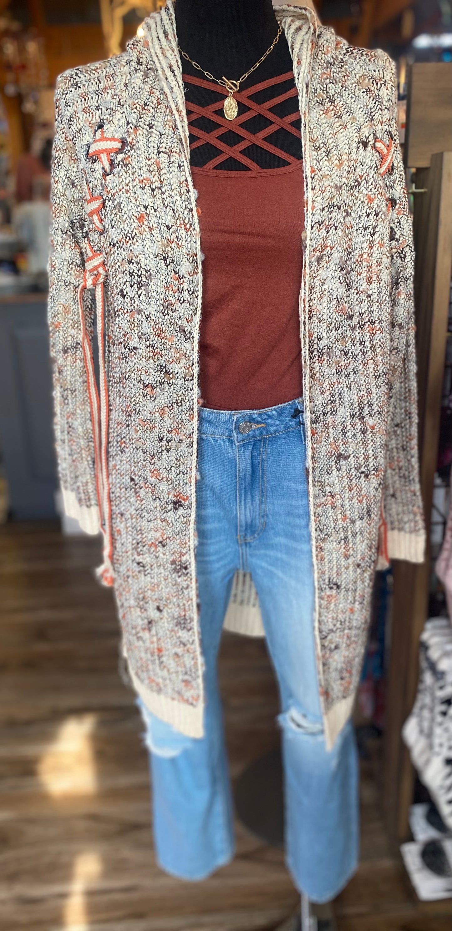 Long Cardigan Laced Shoulder W. Hood
