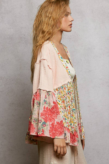 Pol Clothing - Double Gauze Floral Roomy Fit Open Cardigan with V-Back