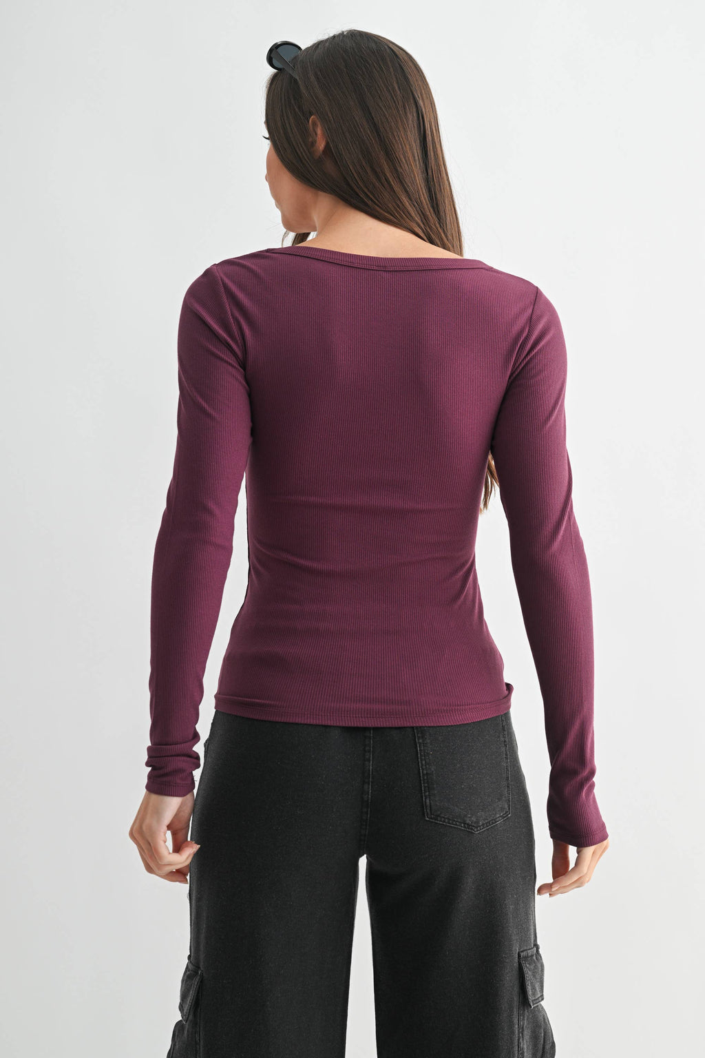 Scoop Neck Micro-Ribbed Long Sleeve Top Mono B