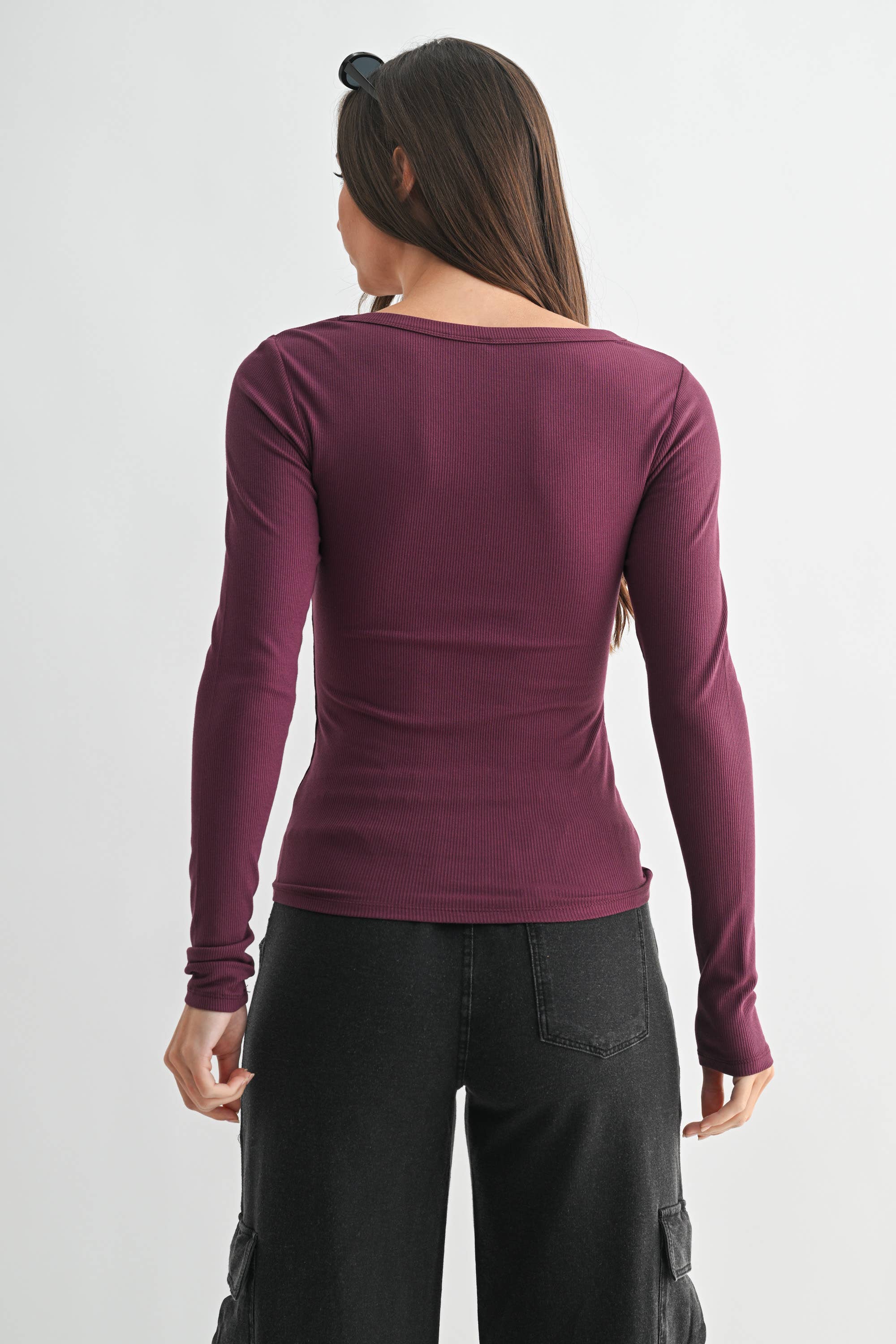 Scoop Neck Micro-Ribbed Long Sleeve Top Mono B