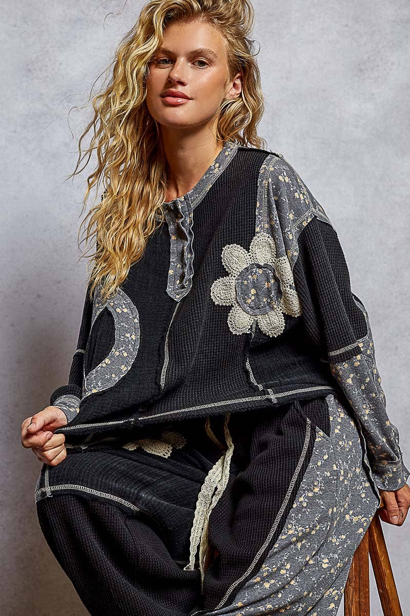 Pol Clothing - Round neck peace patch floral oversized fit knit top