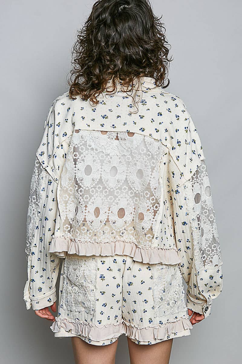 Pol Clothing - Floral Knit Balloon Sleeve Lace Patch Jacket Top