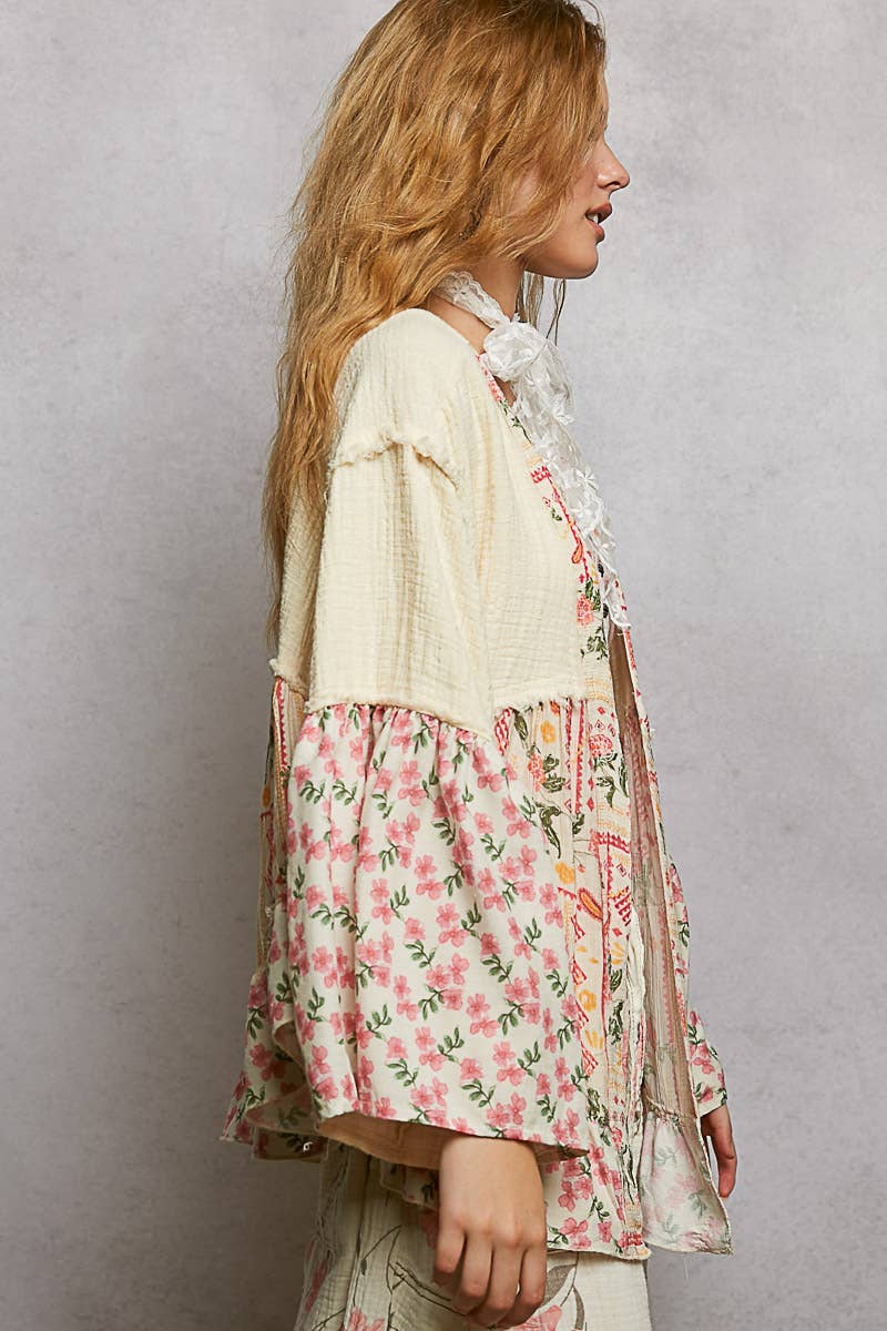 Pol Clothing - Double Gauze Floral Roomy Fit Open Cardigan with V-Back