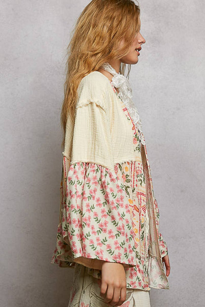 Pol Clothing - Double Gauze Floral Roomy Fit Open Cardigan with V-Back