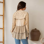 Young Threads - Mineral Wash Tiered Button-Down Blouse with Floral Details