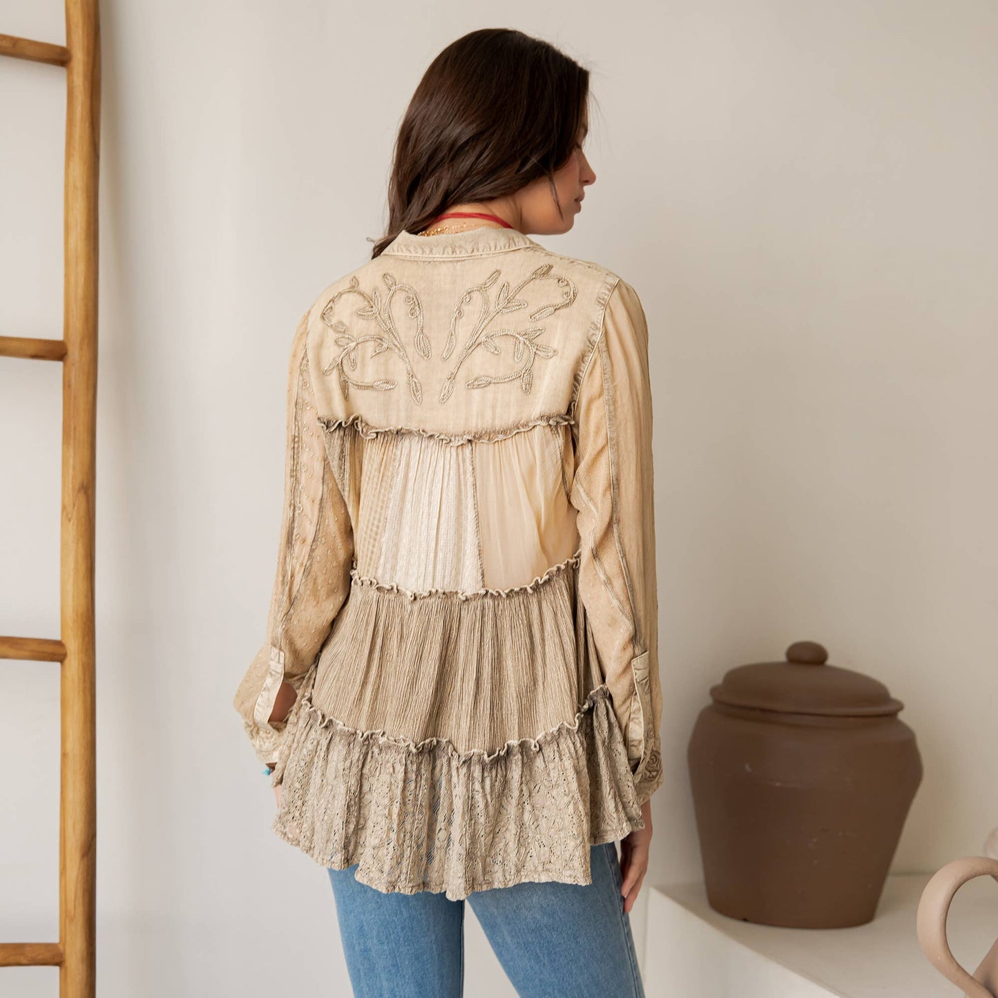 Young Threads - Mineral Wash Tiered Button-Down Blouse with Floral Details