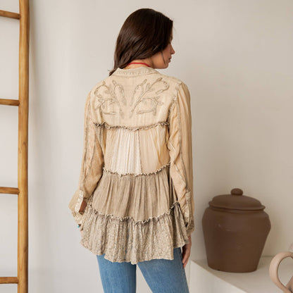 Young Threads - Mineral Wash Tiered Button-Down Blouse with Floral Details