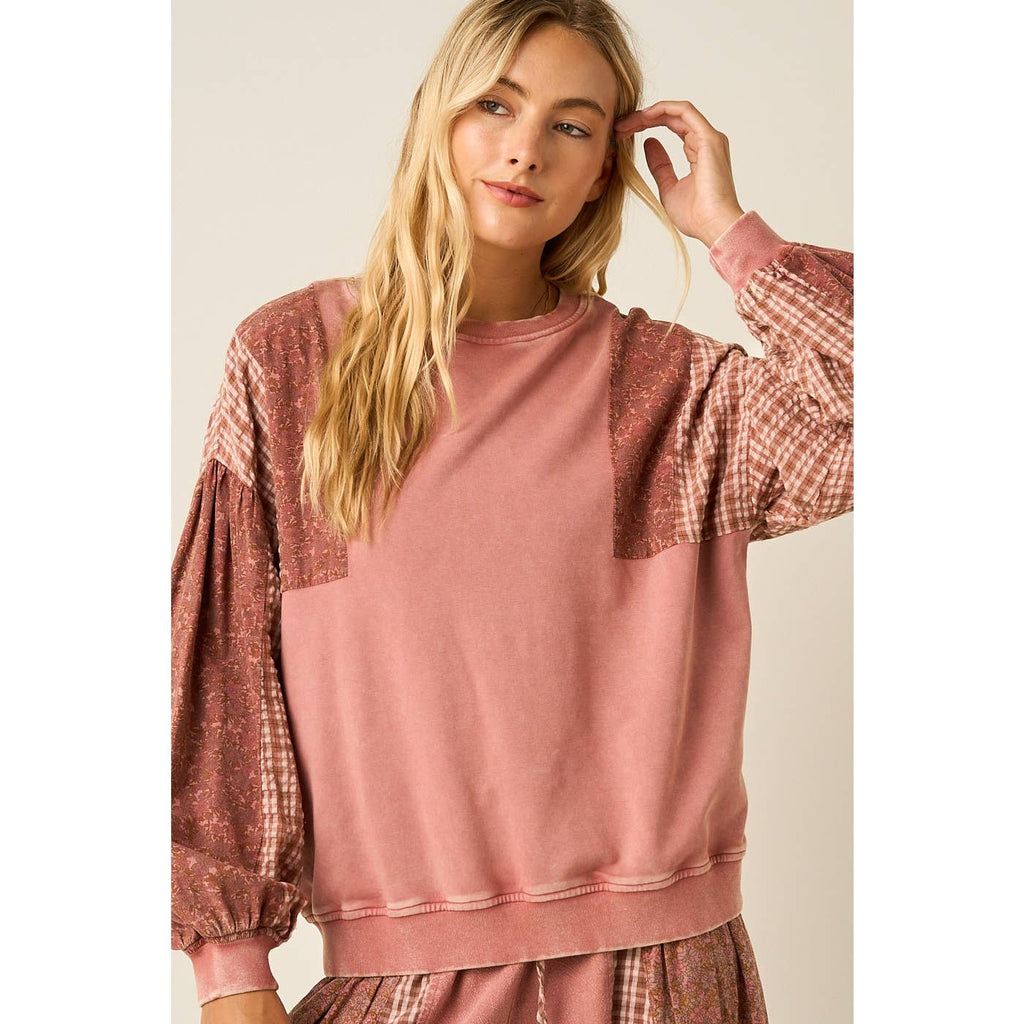 mittoshop - PATCHWORK SLEEVE MINERAL WASH CREW NECK SWEATSHIRT