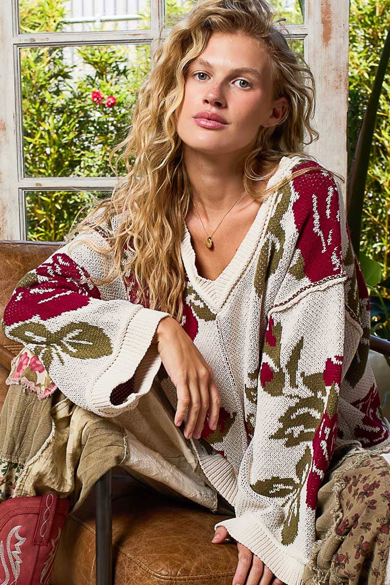 Pol Clothing - Long sleeve contrast floral exposed seam detail sweater top