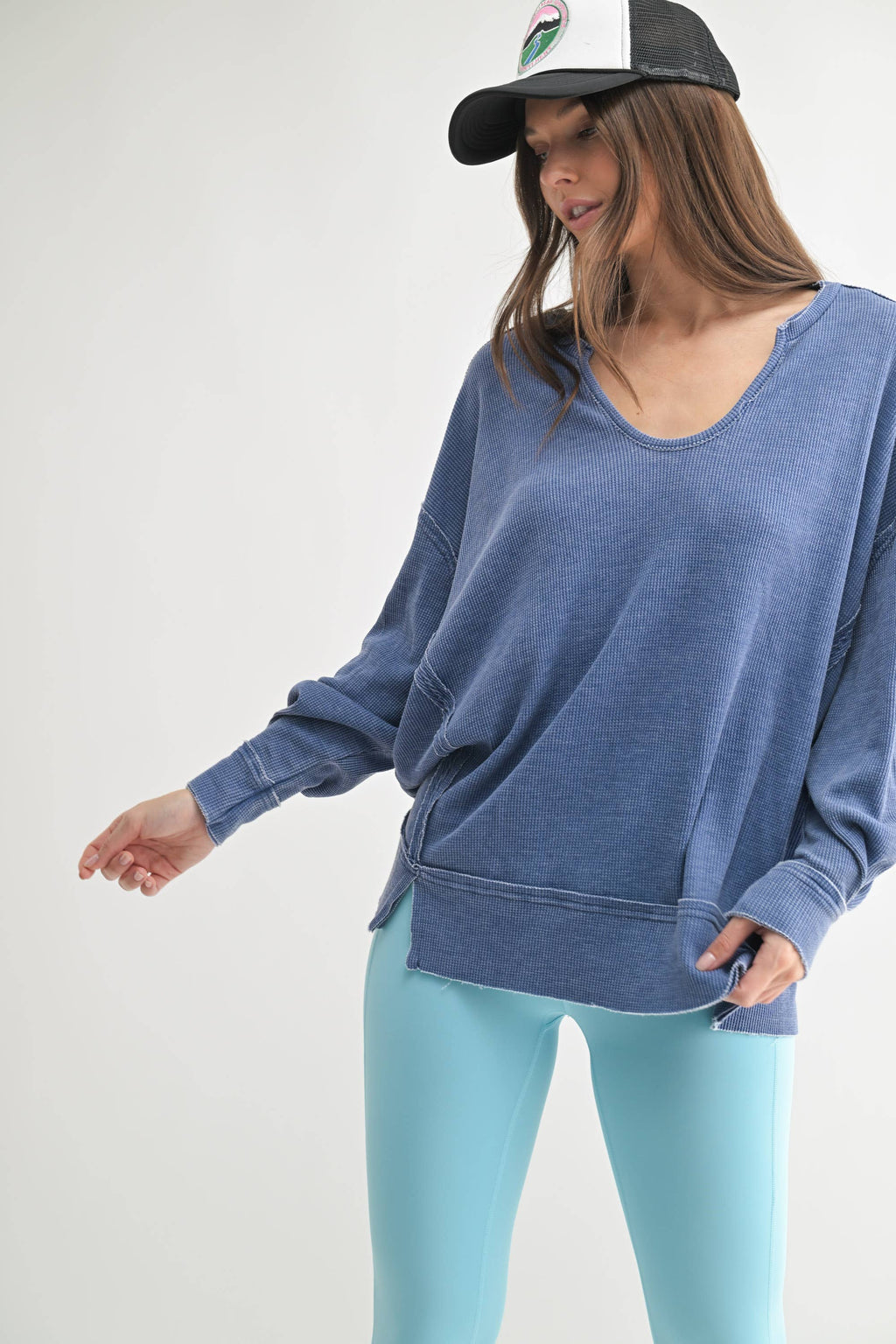 Cotton Blend Waffle Knit Oversized Long Sleeve
