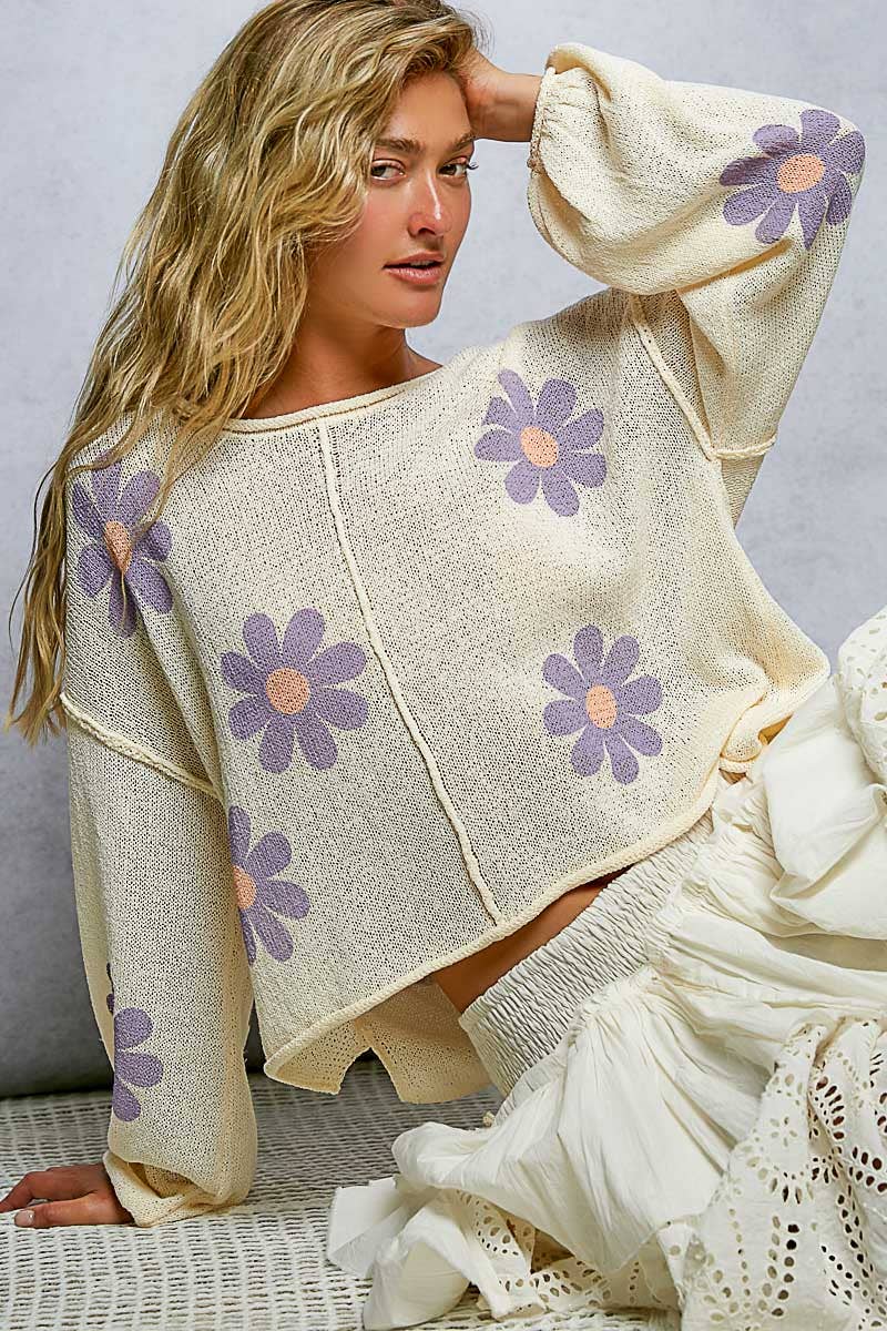 Pol Clothing - Round Neck Balloon Sleeve Floral Print Thin Sweater