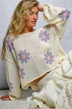 Pol Clothing - Round Neck Balloon Sleeve Floral Print Thin Sweater