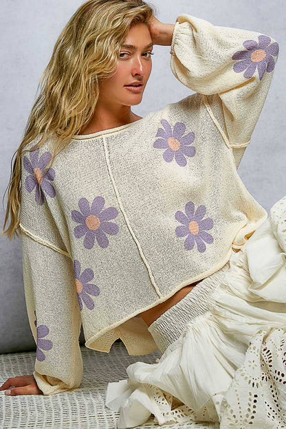 Pol Clothing - Round Neck Balloon Sleeve Floral Print Thin Sweater