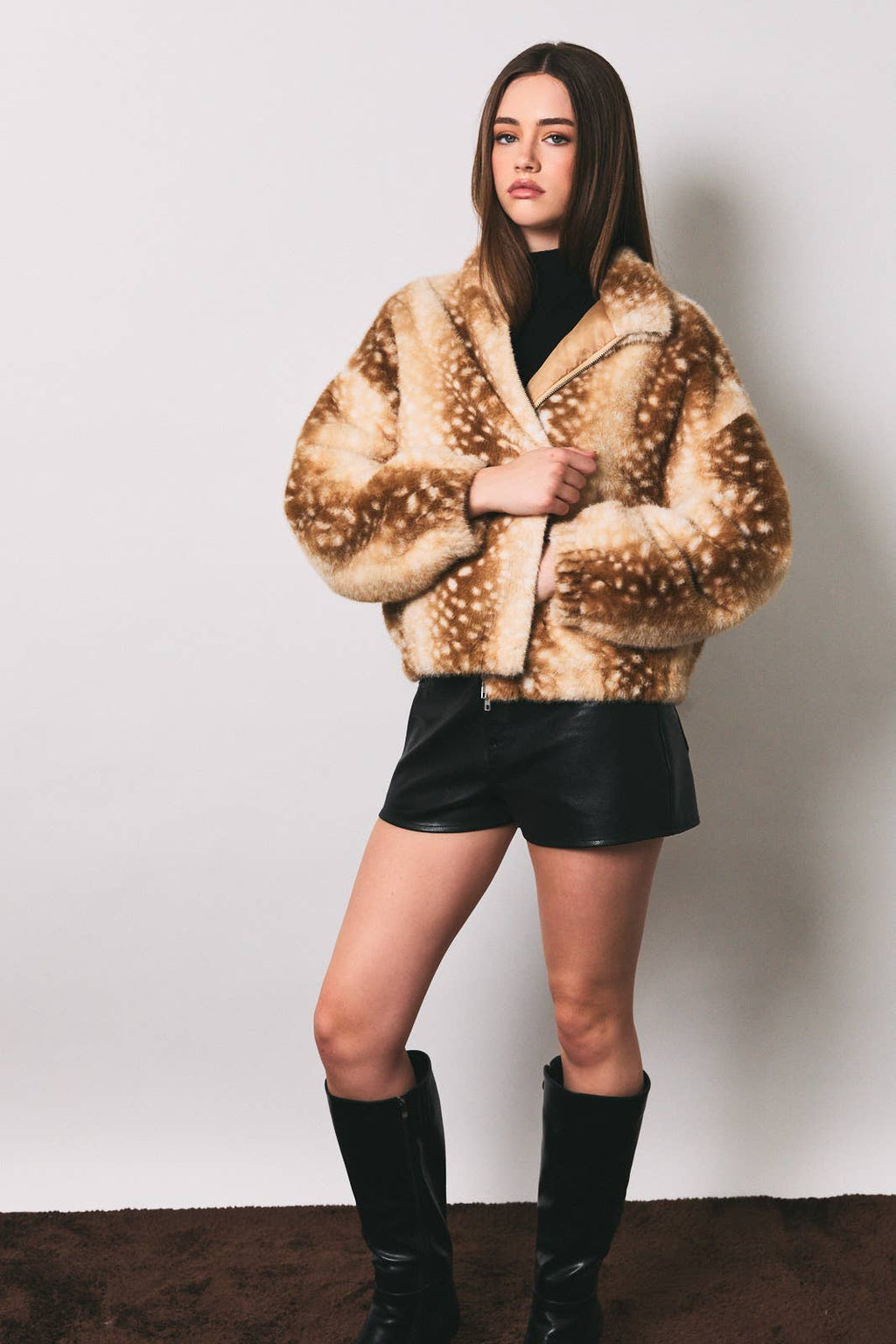 LE LIS - Faux Fur Deer Print Zip Jacket