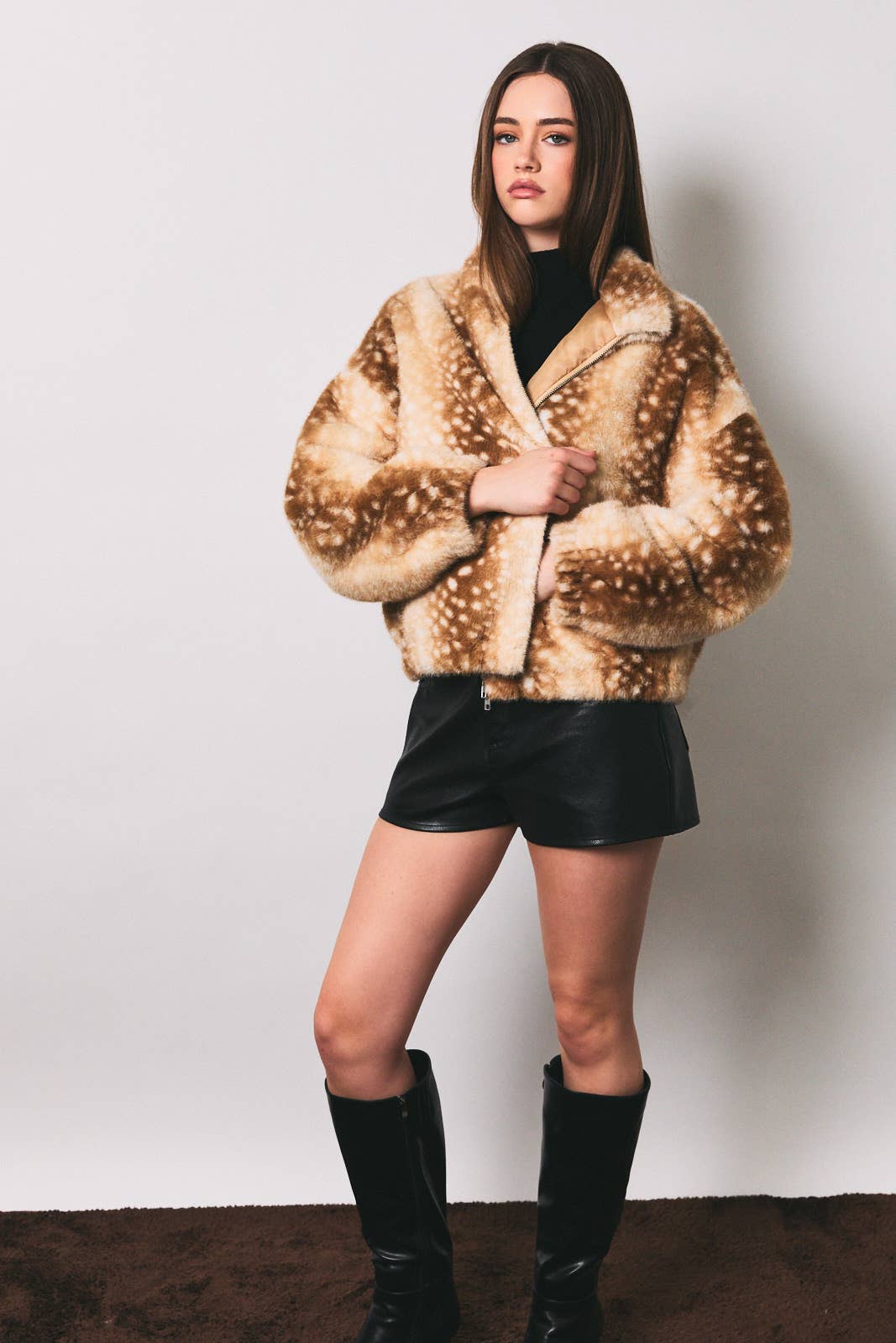 LE LIS - Faux Fur Deer Print Zip Jacket