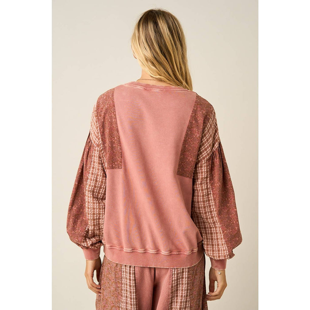 mittoshop - PATCHWORK SLEEVE MINERAL WASH CREW NECK SWEATSHIRT