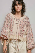 Strawberry V Neck Balloon Sleeve Floral Ruffle Woven Printed Top