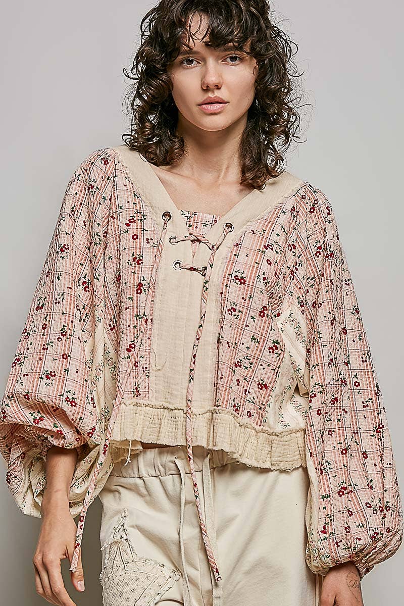 Strawberry V Neck Balloon Sleeve Floral Ruffle Woven Printed Top