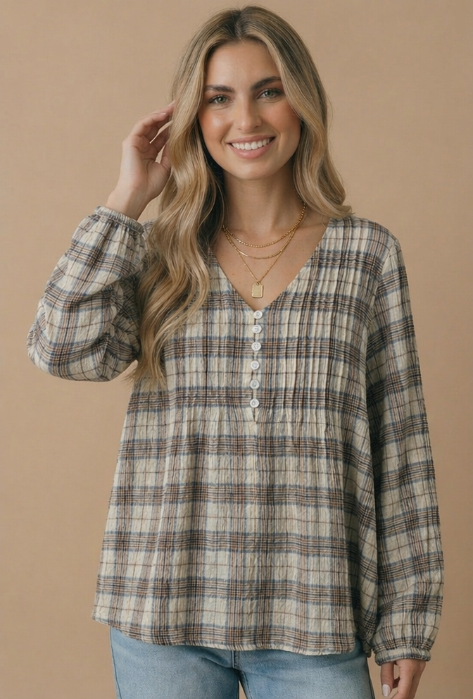 Haptics - Plus Crinkle Plaid Pin Tuck Buttoned Woven Blouse