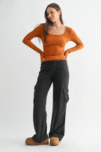 Scoop Neck Micro-Ribbed Long Sleeve Top Mono B