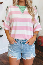 Summer Stripe Exposed Seam Ribbed Patchwork Oversized Tee