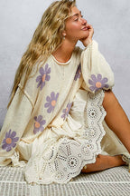 Pol Clothing - Round Neck Balloon Sleeve Floral Print Thin Sweater