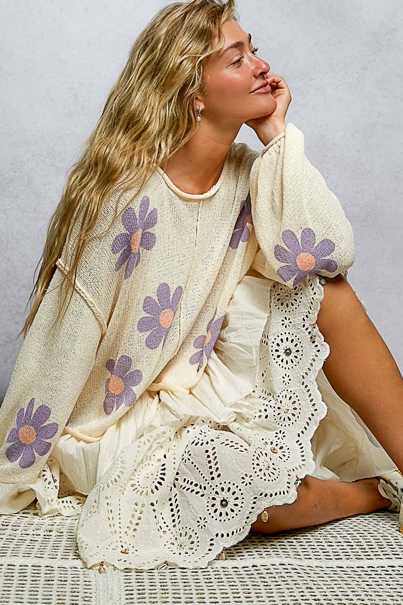 Pol Clothing - Round Neck Balloon Sleeve Floral Print Thin Sweater