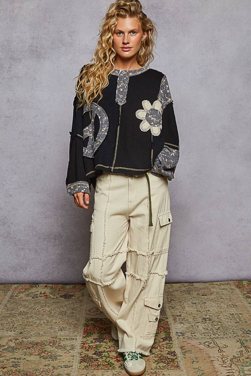 Pol Clothing - Round neck peace patch floral oversized fit knit top